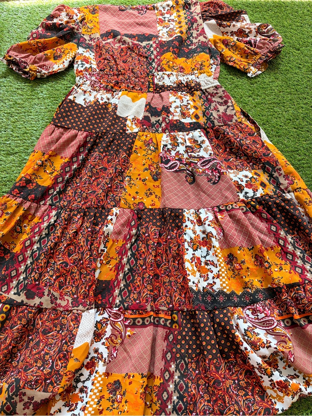 Bohemian Patchwork Maxi Dress in Mustard & Rust